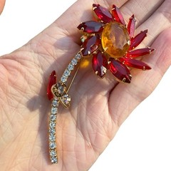 BOOK PIECE ‘Juliana’ D&E Red Orange Flower Brooch w/ Stem #3844 HTF Design