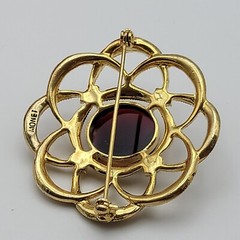 Vintage Monet Flower Brooch Gold Tone Clear And Red Rhinestone 45 mm Signed