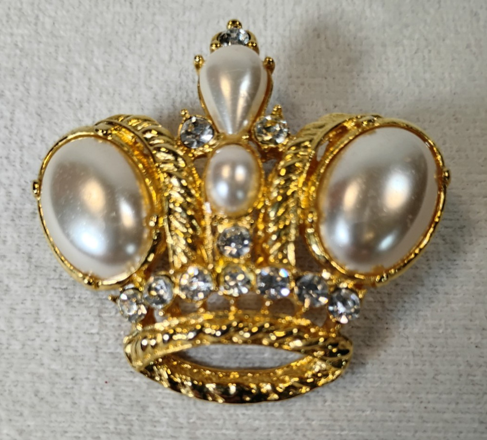Vintage Royal Crown Tiara Brooch Pin Faux Pearl Cabochons And Clear Rhinestones
