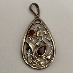 PTI 925 Sterling Silver Pendant Vintage Nepal Garnet Gemstone Filigree Bezel