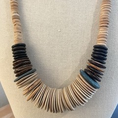 Vintage Wood Disc Brown Blue Statement Barrel Clasp Necklace