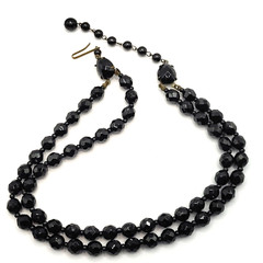Black Glass Bead Necklace Double Strand West Germany Vintage 1950 1960s 16 Inch
