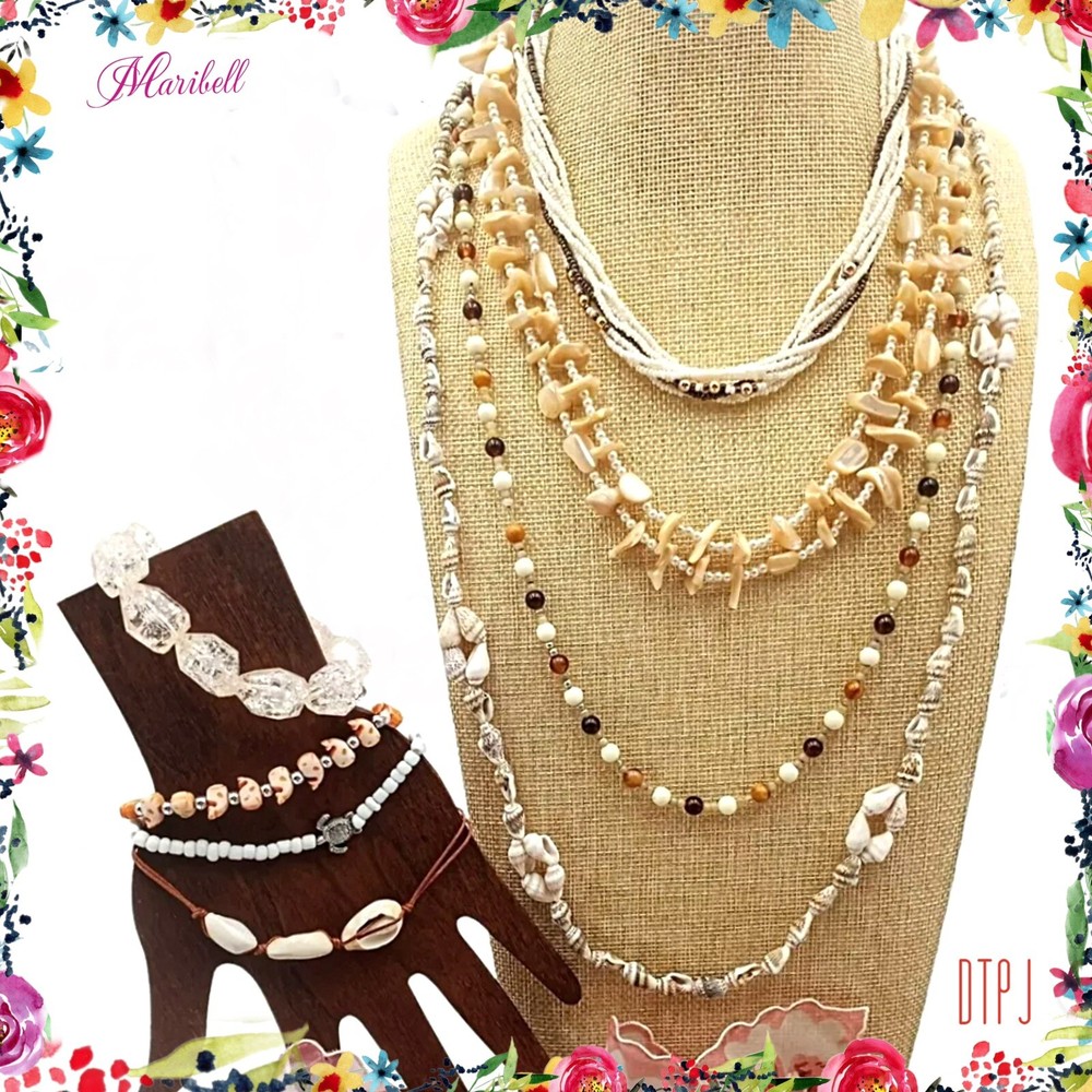 Vintage Boho Beach Curated Lot of 4 Necklaces 4 Bracelets Summer Vacation Set