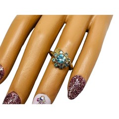 Vintage Cocktail Ring Blue & Clear Rhinestone Gems Gold Tone Bypass Band sz 5.5