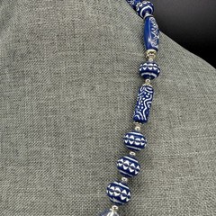 Vintage Necklace Blue White Patterned Beaded 22 Inches