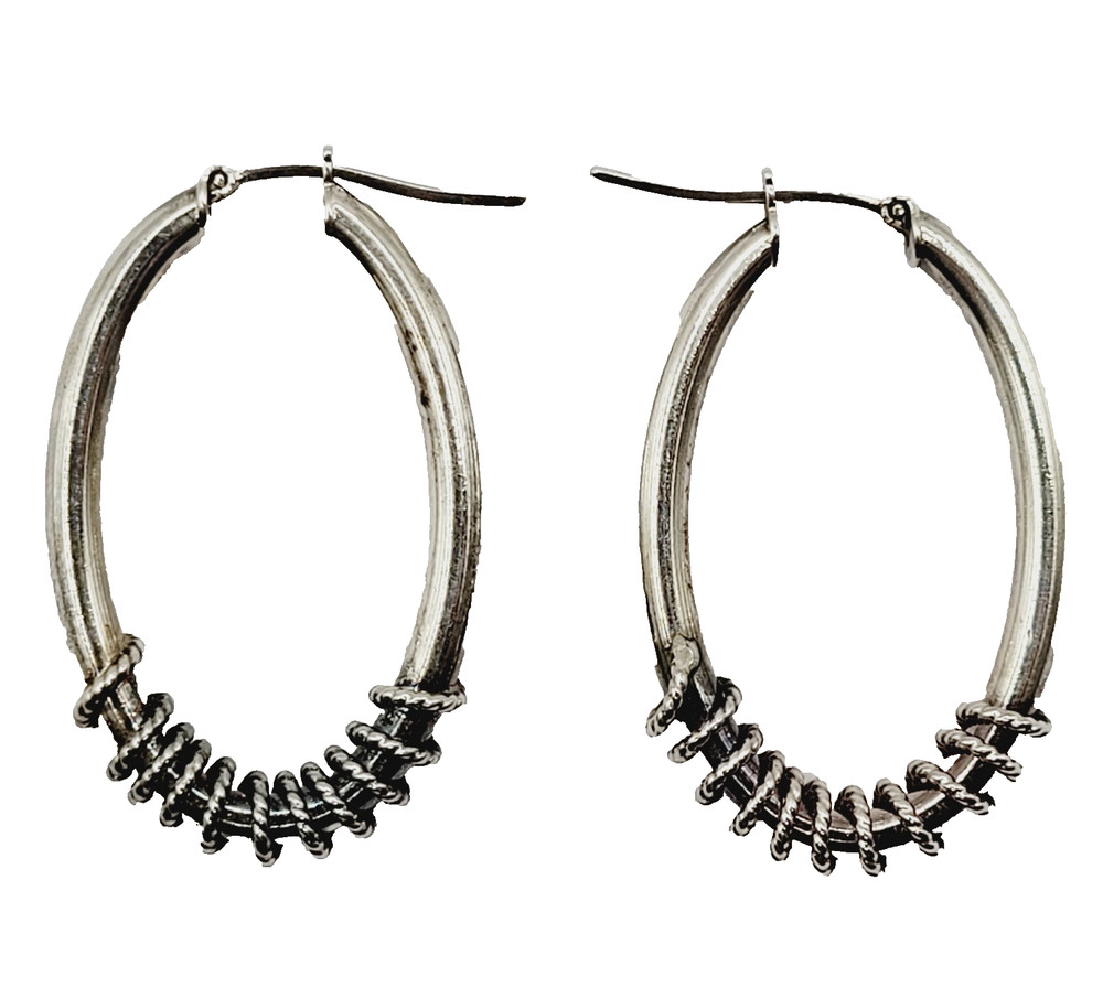 Oval Hoop with Rope Wire Twist Bottom Silver Tone Italy Vintage Earrings