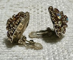 Vintage Clip Earrings Signed Pat Pend Dome Cluster Prong Set Topaz AB Rhinestone