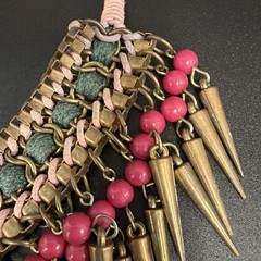 Vtg Egyptian-style Spiked BIB necklace W/ Copper Tone Spikes Pink & Green Beads
