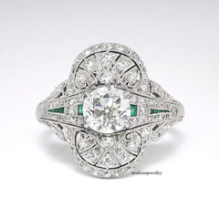 Art Deco Round Lab Created Diamond & Emerald Wedding 14K White Gold Plated Ring
