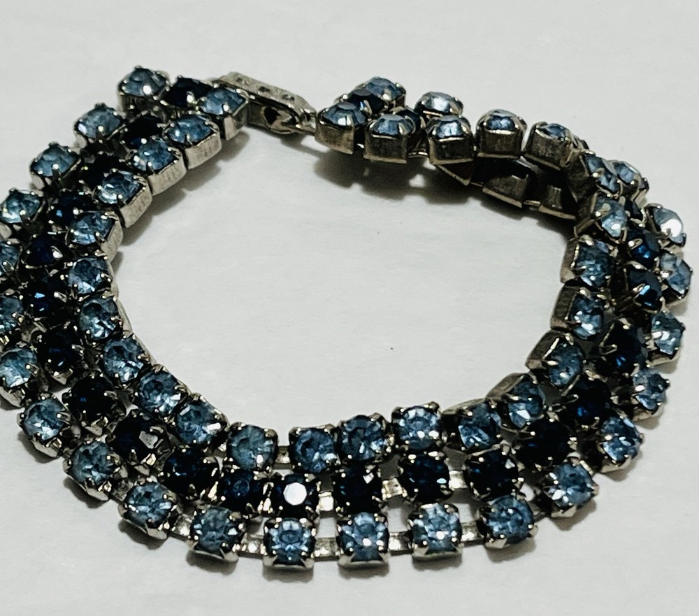 Vintage Triple Strand Blue Rhinestone Sapphire Blue And Light Blue Glass Stones