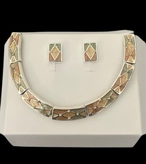 Vintage Art Deco Harlequin Green Beige Enamel Choker Earrings Jewelry Set