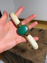 Antique Brass Buffalo Bone Cuff Bracelet Green Malachite Accent