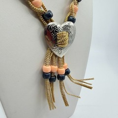 Boho Heart Bolo Necklace Gold Tone Woven Cord Peach Black Beads