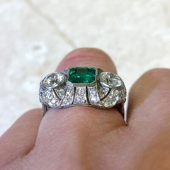 Antique Green Emerald & Lab Created Diamond Three-Stone Wedding 925 Silver Ring