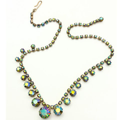 Vintage Aurora Borealis Rhinestone Fringe Necklace Brass Gold Tone 16″