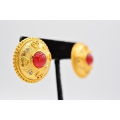 Vintage Cabochon Earrings Red Brushed Gold Matte Chunky Crystal NOS 1980s BinA11