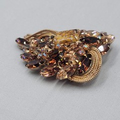 Vintage Hattie Carnegie Brown Rhinestone Brooch Gold tone Chains 3 in