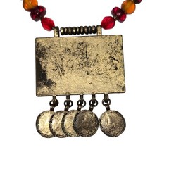 AVENUE Rectangular Pendant Red Stones Dangling Coin-Like Charm Beaded Chain