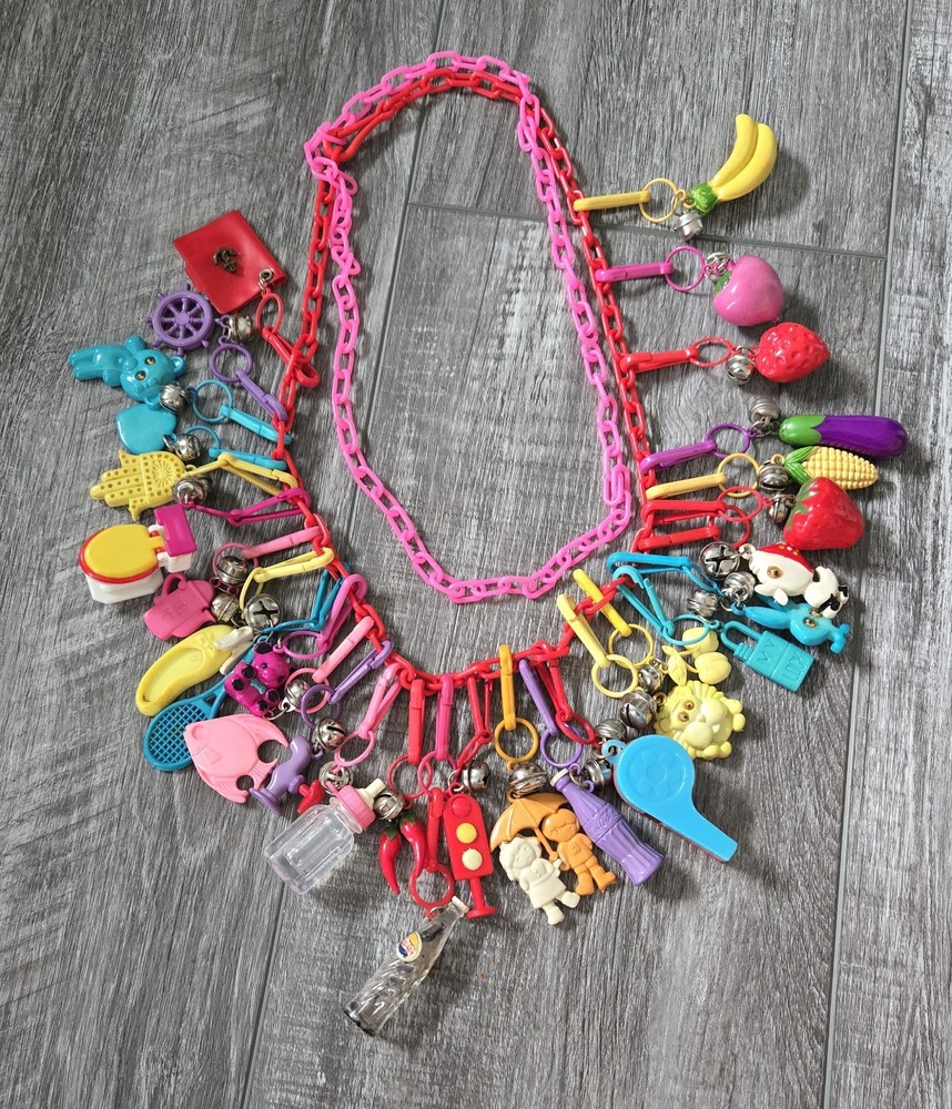 Vintage 1980s Plastic Bell Charm Necklace Loaded Lot 80s Retro Kidcore 30 Charms