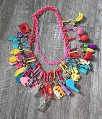Vintage 1980s Plastic Bell Charm Necklace Loaded Lot 80s Retro Kidcore 30 Charms
