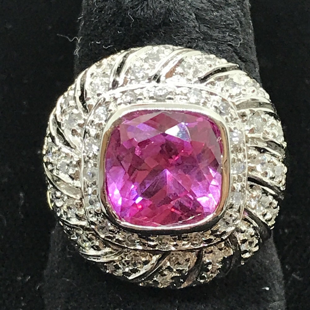 Vintage Signed LL 925 Sterling Silver Pink Topaz Cubic Zirconia Ring sz 7