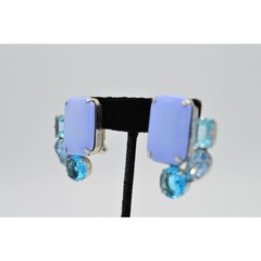 Vintage Cabochon Clip On Earrings Multi Blue Rhinestone Crystal Bezel 1980s W5