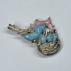 Bird Nest Pin Vintage Pink Blue Birds Signed Vero