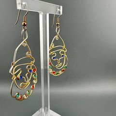 Vintage Clown Earrings Gold Tone Multicolor Rhinestone Artisan Open Wire Work