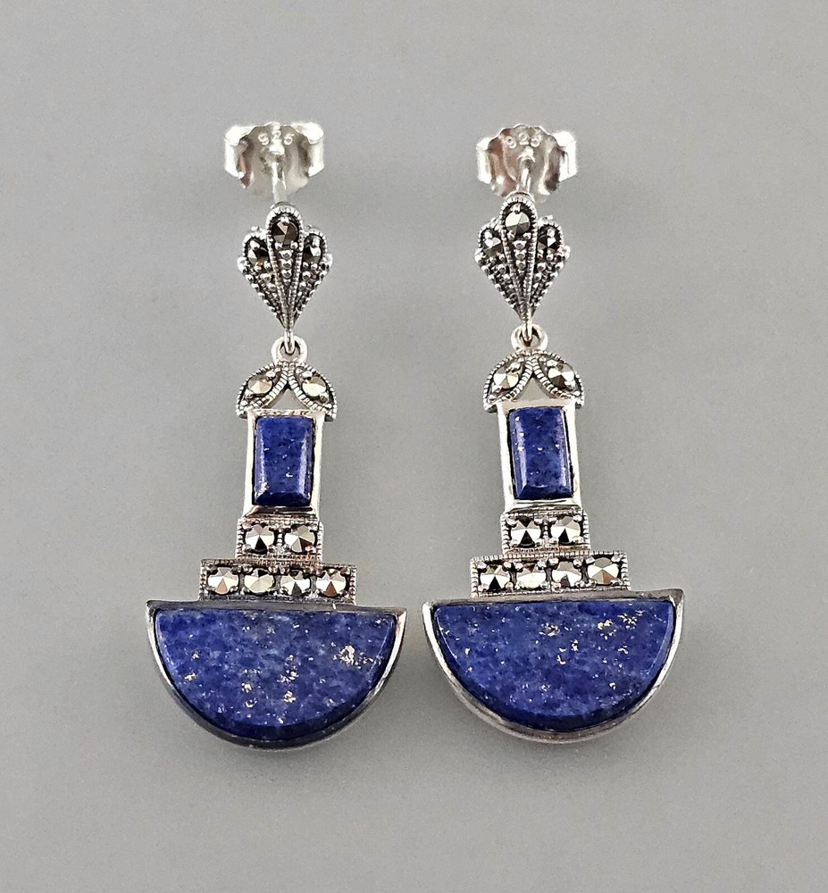 Lapis Lazuli Art Deco Stud Earrings 925 Silver Markasite Butterfly 1.5×3.7cm