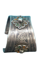 ANTIQUE STERLING SILVER HANDMADE CUFF BANGLE BRACELET WITH ENAMEL 51.5 Grams