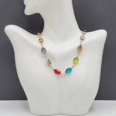 Choker Multicolor Crystal Station Gold Tone Patented Side Clasp Necklace 14.5 In