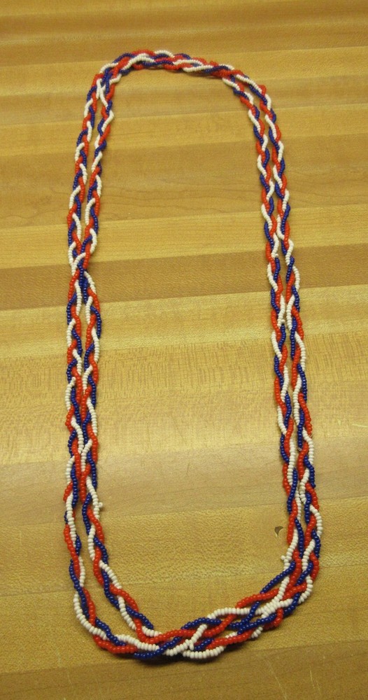 VTG 60″ PATRIOTIC red white blue bead Pullover BRAID STRAND Necklace CAN DOUBLE