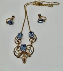 Vintage MCM Van Dell Gold Filled Blue Rectangle Crystal Necklace & Earrings Set