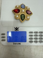 Vintage @TAT Multicolor Rhinestone Brooch – Faux Pearl Gold Tone Statement Pin