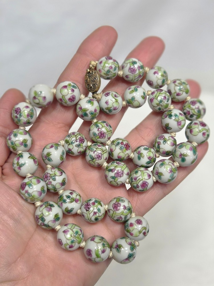 Vintage Chinese Porcelain Floral Bead Necklace Hand Painted Knotted Gold Tone