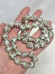 Vintage Chinese Porcelain Floral Bead Necklace Hand Painted Knotted Gold Tone