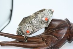 Vintage Silver Alloy Metal Ladies Jasper Bangle 20MM Wide Bracelet 7″ Heavy 64Gr