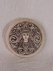 Vtg Beige Ceramic Celtic Goddess of Healing Fire & Inspiration Round Shape
