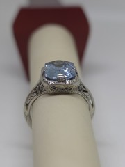 Edwardian 18k White Gold Synthetic Spinel Aquamarine Filigree Ring Size 4.75