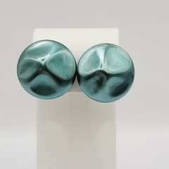 Green Blue Almost Metallic Color Dimpled Puckered Round Vintage Clip On Earrings