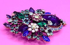 Gold Tone & Multicolor Rhinestones Flowers Bouquet Brooch Contemporary