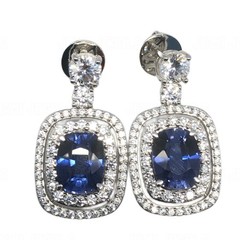 Cushion Cut Blue Sapphire Simulated Diamond Double Halo Drop Earrings 925 Silver