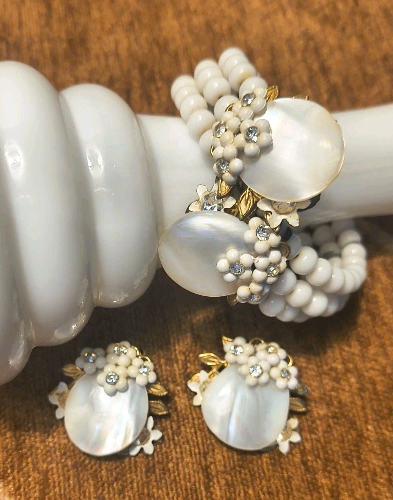 Vtg 40s Miriam Haskell Milk Glass MOP Bypass Cuff Bracelet Earrings Gold Set