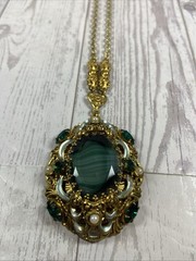 Vintage Western Germany Necklace Ornate Brass Filigree With Green Rhinestones.