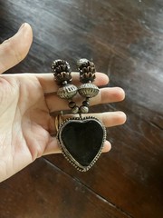 Unique Vintage Boho Folk Metal Heart Pendant With Wood And Metal Beaded Chain