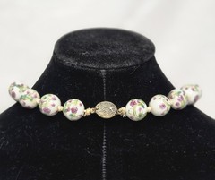 Vintage Chinese Porcelain Floral Bead Necklace Hand Painted Knotted Gold Tone