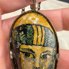 Vintage Necklace Hand Painted Portrait Double Sided Egyptian Revival Copper 28”