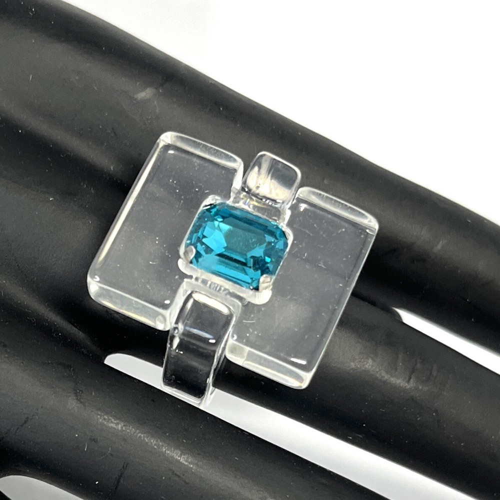 Modernist Lucite Ring Clear Blue Rhinestone Size 7.75-8 Chunky Post Modern