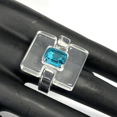 Modernist Lucite Ring Clear Blue Rhinestone Size 7.75-8 Chunky Post Modern