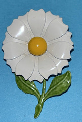 Vintage Daisy Flower Brooch White Yellow And Green Enamel Leaves Pedals 2 inches